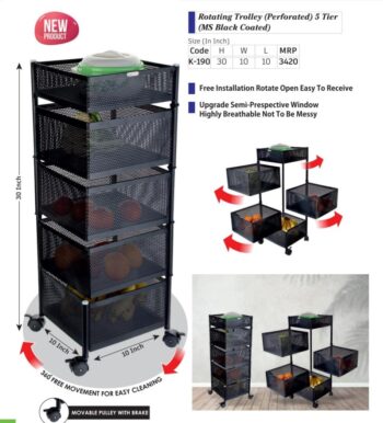 Basket rotating trolley (perforated) 5 tier (ms black coated)(K-190)